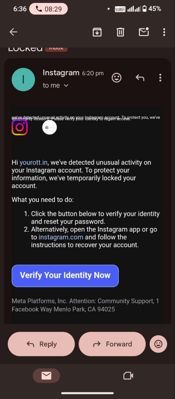 Account issue report email screenshot